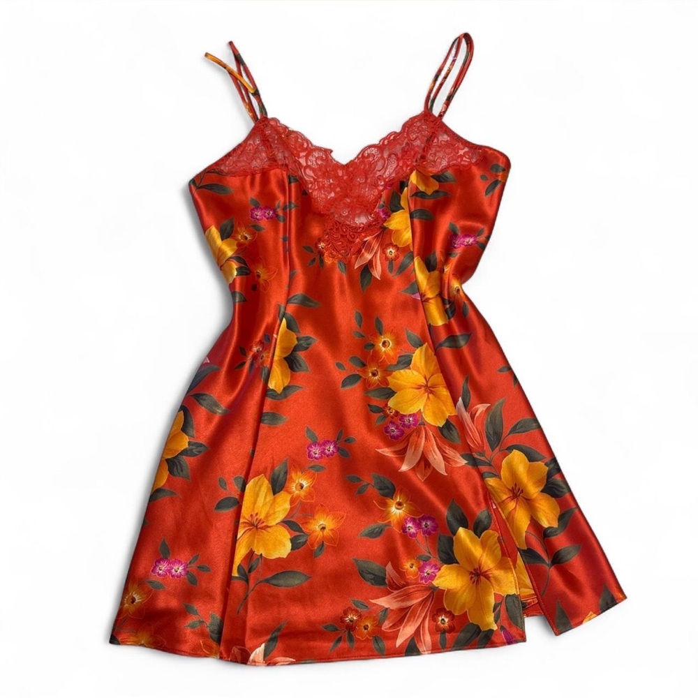 90s Y2K Vtg Victoria's Secret red orange hibiscus floral print slip dress Size M